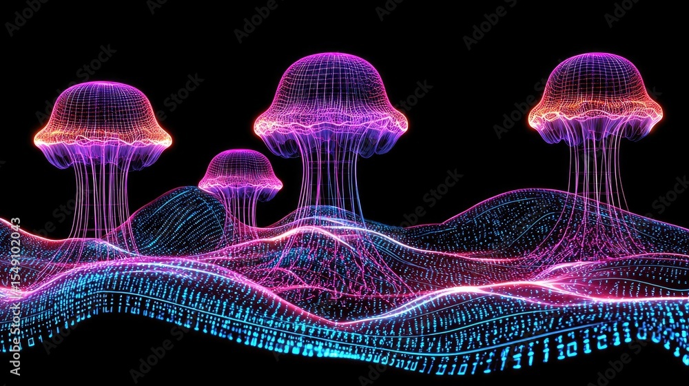 Poster digital art display of vibrant jellyfish in 3d abstract ocean environment futuristic visualization