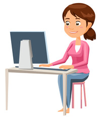 Vector image of a girl working on a PC.