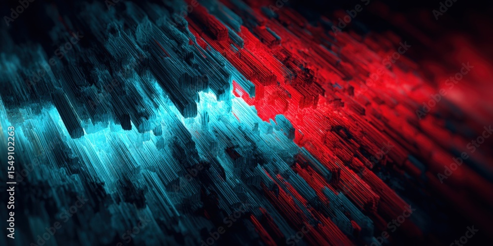 Poster abstract digital art with vibrant blue and red pixelated streaks moving diagonally across the image
