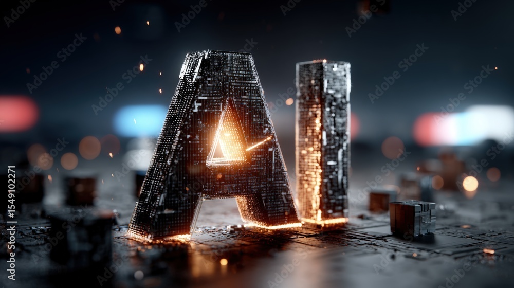 Poster Futuristic AI and technology concept with glowing illuminated letters on dark background
