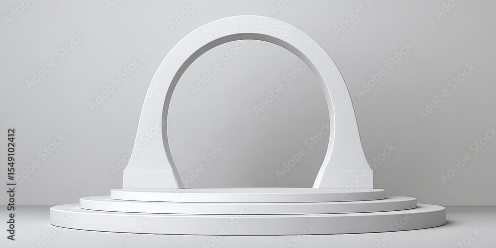 Poster Elegant white arch structure on tiered circular podium with minimal background