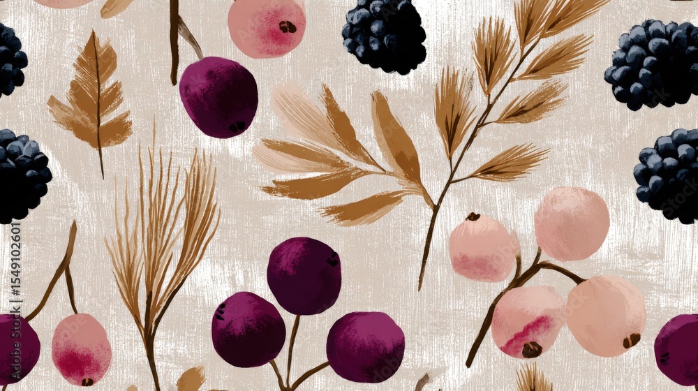 Poster Elegant botanical pattern with berries and leaves in soft earthy tones for design