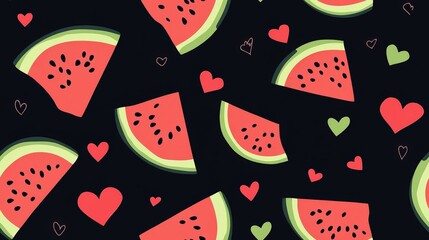 Fototapeta premium Bright Watermelon Slices with Small Hearts and Love Symbols Pattern on Dark Background