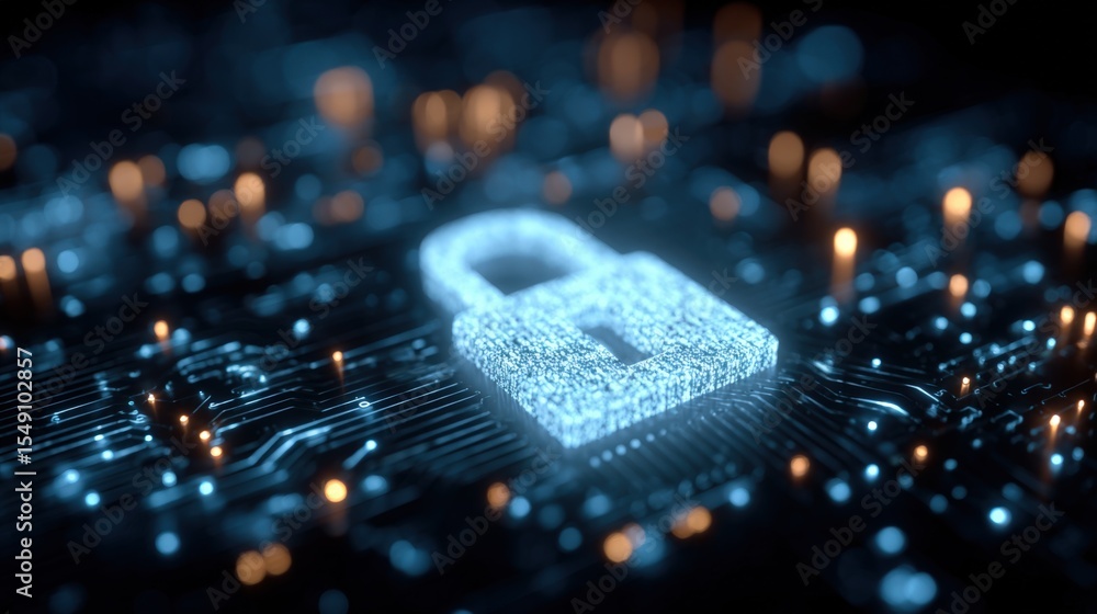 Poster highly detailed digital lock icon illuminated on a futuristic digital circuit board background