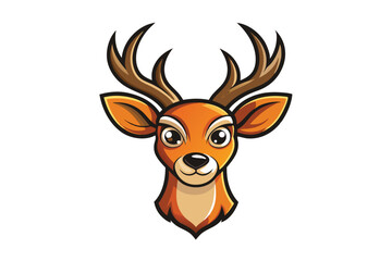 Fototapeta premium Cartoonstyle deer head features big eyes and brown antlers on a white backdrop