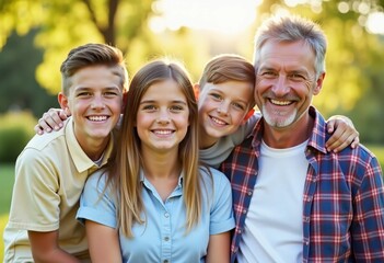 Grandparents spend quality time with their grandchildren in a warm, sunlit park, surrounded by greenery. The laughter of the children echoes as they share happy moments together Generative AI