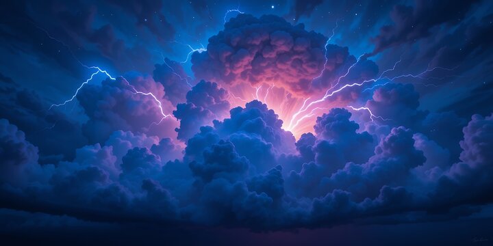 Stunning view of dark thunderstorm clouds illuminated by vibrant purple lightning in the night sky