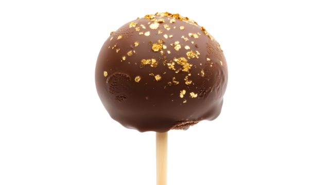A chocolate covered dessert with gold sprinkles on top. The dessert is sitting on a white background - Powered by Adobe
