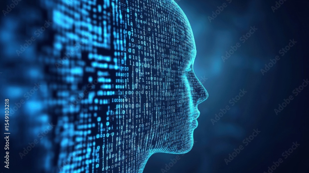 Aufkleber Digital human face profile made of glowing lines and binary code data visualization