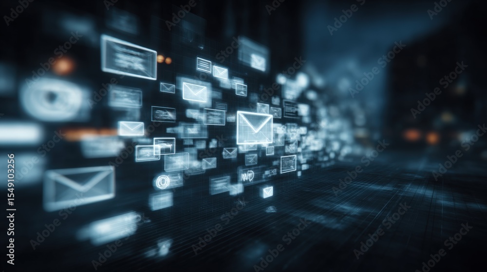 Poster Futuristic digital communication technology concept with floating email icons and data streams