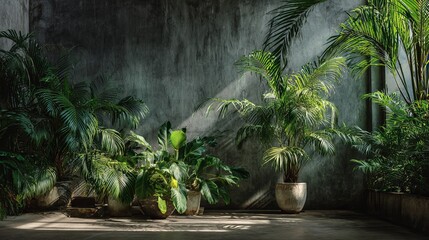 Obraz premium Indoor garden featuring lush greenery with palm plants and light beaming through in a serene and peaceful atmosphere.