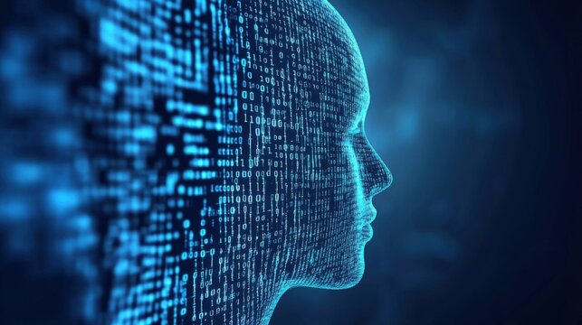 Digital human face profile made of glowing lines and binary code data visualization