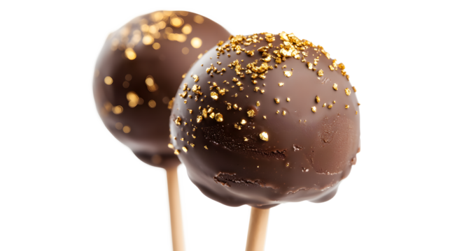 Two chocolate covered doughnuts with gold sprinkles on top. The doughnuts are sitting on a white background - Powered by Adobe