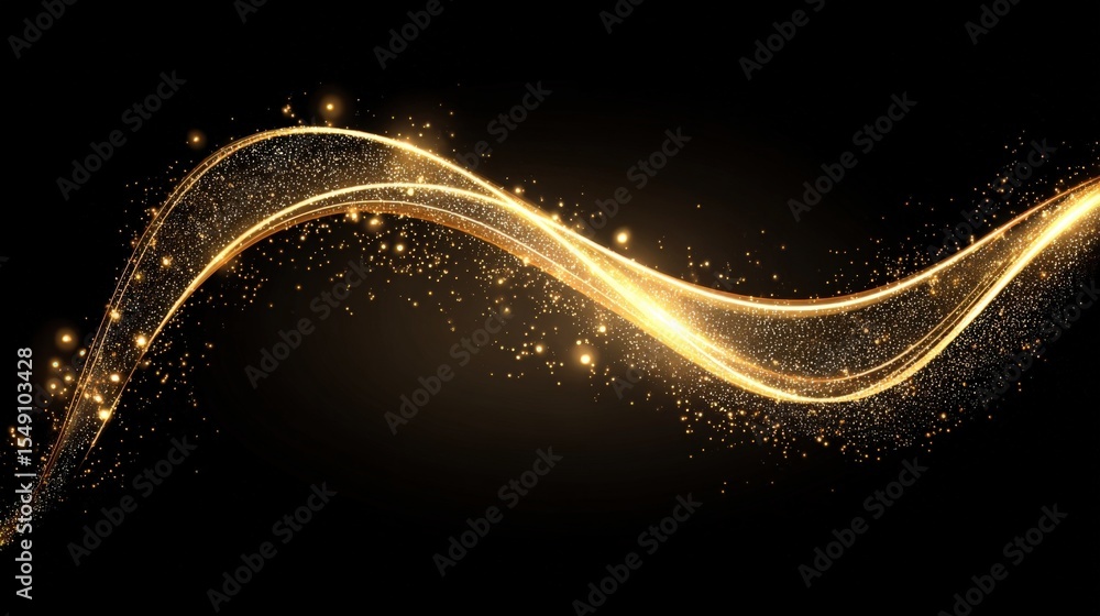 Poster bright golden sparkling light wave with glitte particles in dark background