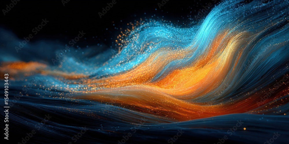 Poster dynamic abstract wave motion with bright fiery and cool blue colors in digital art style