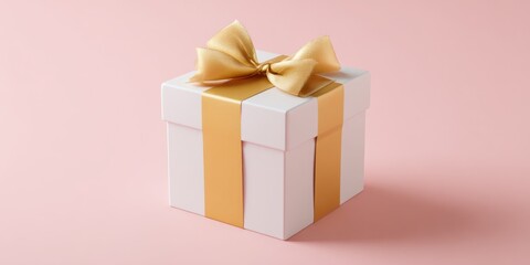 Obraz premium Elegant gift box with golden ribbon and bow on pink background for celebration