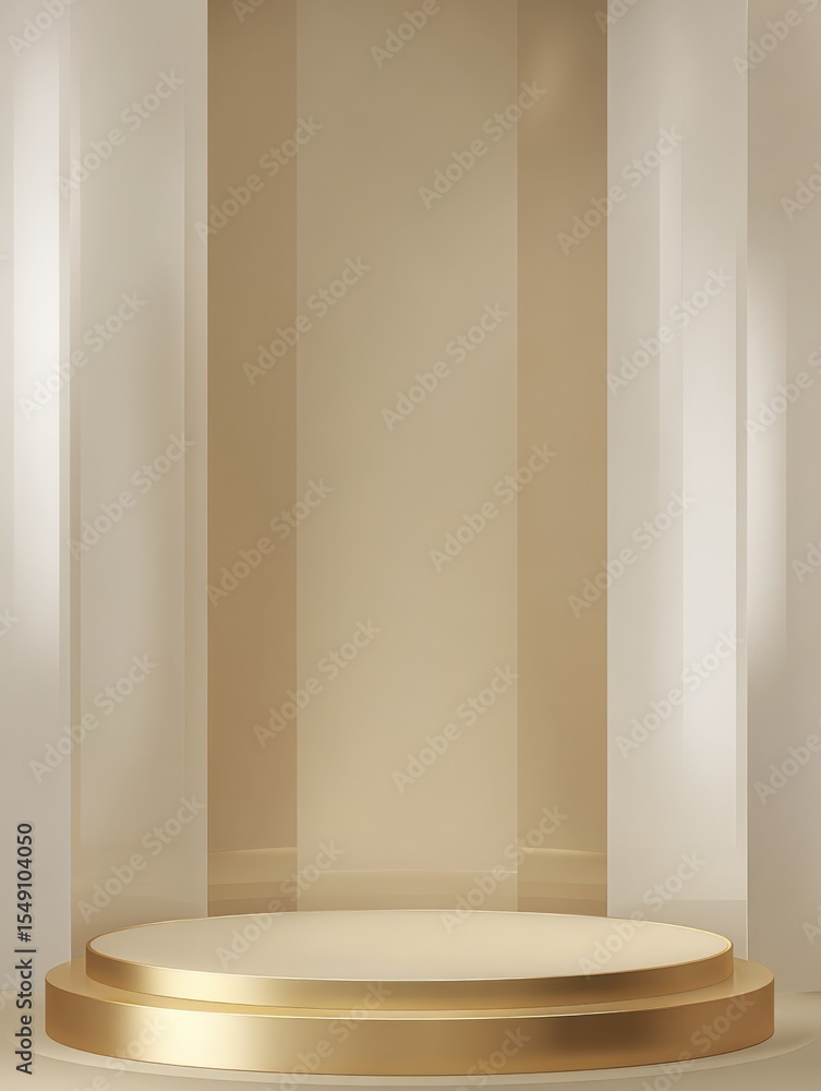 Poster minimalist modern circular pedestal display platform with gold trim in neutral room setting
