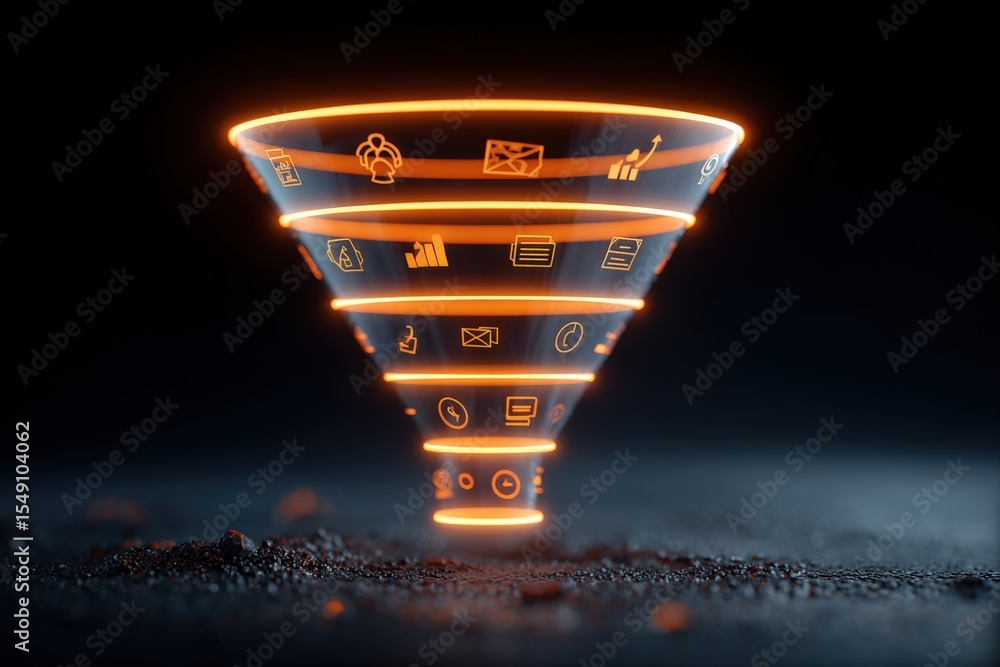 Poster neon illuminated technology funnel with glowing icons and digital symbols on black background