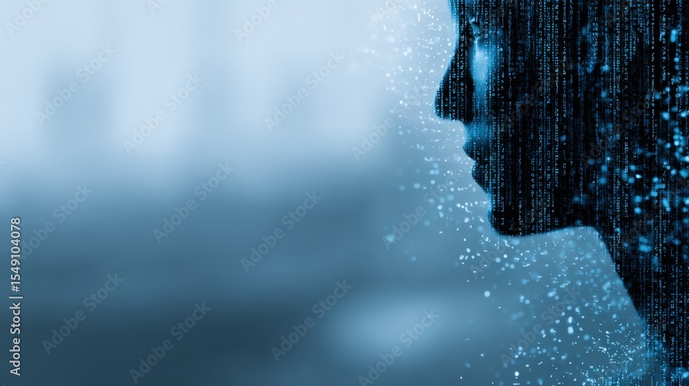 Poster Close-up Digital Portrait of a Human Face Created from Data Pixels and Light