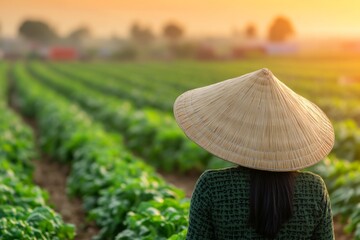 Woman farmer in straw hat walking through rows of kale at sunset