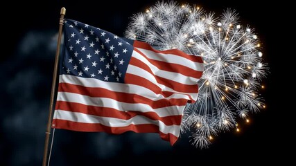American flag waving proudly against a backdrop of colorful fireworks illuminating the night sky, symbolizing celebration, freedom, and national pride during festive occasions and patriotic events