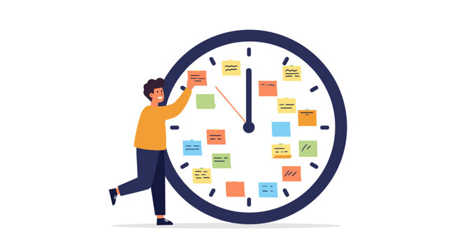 Time management concept with person organizing sticky notes on large clock for productivity design vector illustration