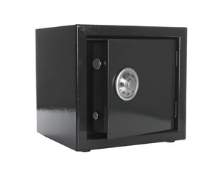 Obraz premium Black safe box isolated on white, secure storage for valuables.