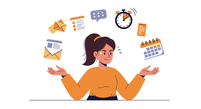 Woman managing busy schedule with incoming emails and calendars for effective time management vector illustration