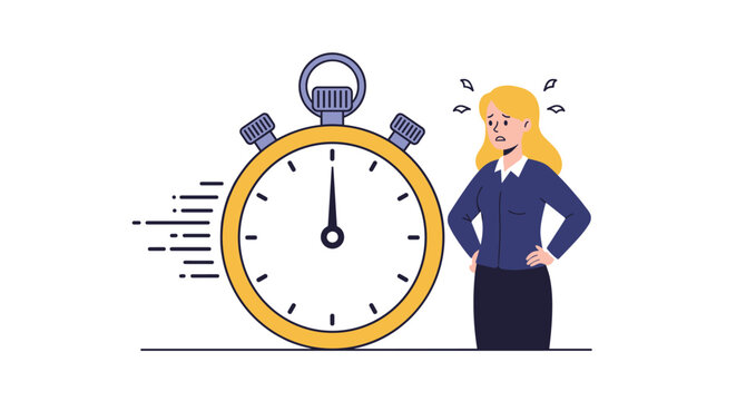 Time management stress concept with stopwatch and worried woman vector illustration for design use