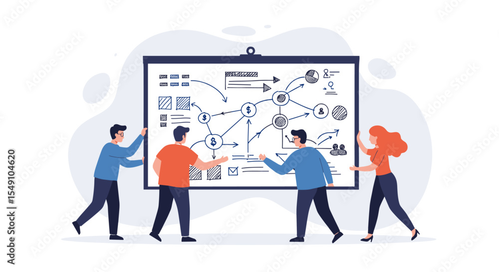 Poster team collaboration and strategy planning with flowcharts and diagrams for project management vector 