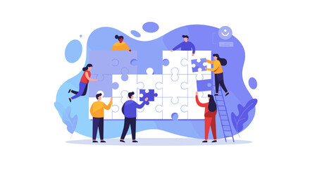 Teamwork and collaboration concept with people assembling puzzle - vector illustration for posters