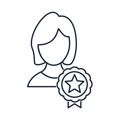 Woman, medal, star. Award for the best employee of the year. Business competition symbol. Corporate loyalty. Achievement at work. Vector linear icon isolated on white background.