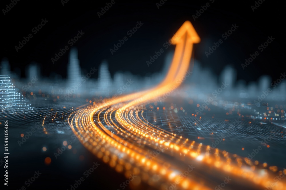 Aufkleber Futuristic digital data stream with glowing illuminated arrow ascending through high tech cityscape background