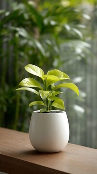 Elegant indoor plant in a white pot with lush green leaves on a wooden surface