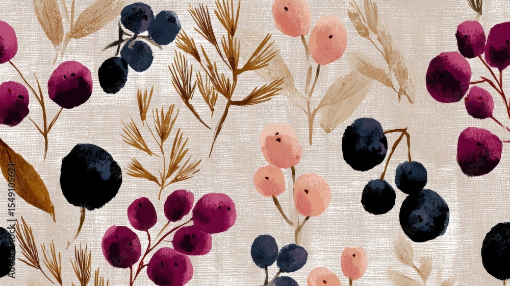 Poster elegant botanical pattern with berries and leaves in soft pastel shades for textiles