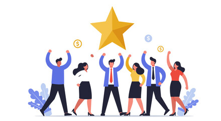 Team success celebration concept with businesspeople and gold star design vector illustration