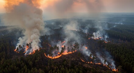 Aerial View of Devastating Wildfire Spreading through Dense Forest Landscape Under Smoky Sunset Skies, Highlighting the Urgency of Climate Change and Environmental Protection