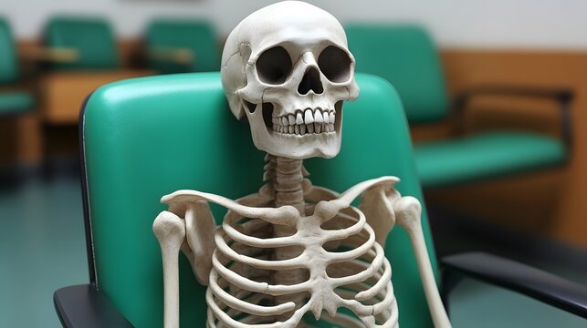 Human Skeleton Seated on Chair in a Hospital Waiting Room Setting