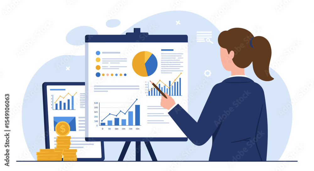 Poster business analytics presentation in office with graphs and charts for financial strategy vector illus