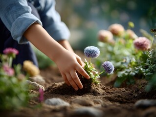 a child planting flowers in a community garden