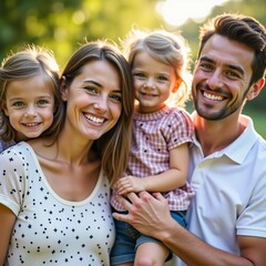 In a beautiful park bathed in warm sunlight, a happy family of four shares joyful smiles. The parents are embracing their two daughters, creating a moment of love and togetherness Generative AI