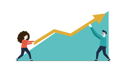 Teamwork concept with characters lifting upward arrow chart for business success design vector illustration