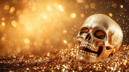 An artistic shot of a sparkling gold skull set against a backdrop of glittering particles, combining elements of fascination, artistry, and a playful nod to life and death themes.