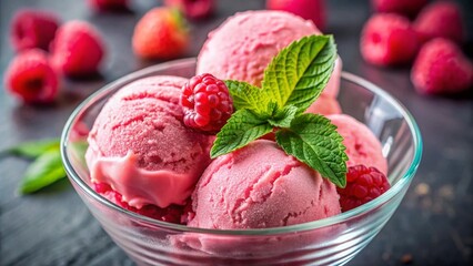 Close-up of three scoops of pink raspberry ice cream in a glass bowl, garnished with fresh mint and raspberries