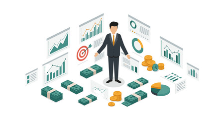 Business growth strategy with finance charts and currency for financial presentations vector illustration
