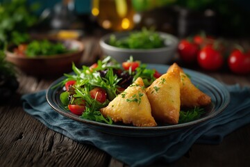 Golden Fried Samosas with Fresh Green Salad and Cherry Tomatoes on Rustic Plate.
