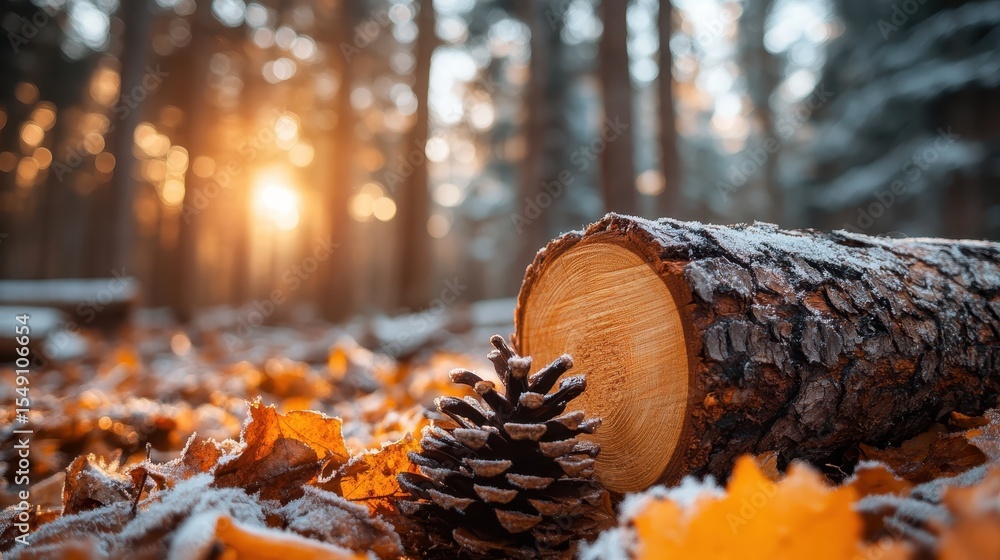 Poster an enchanting view of a frosty log and pinecone resting among vibrant autumn leaves, encapsulating t