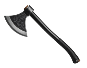 Black battle axe isolated on white, medieval weapon for combat or display.