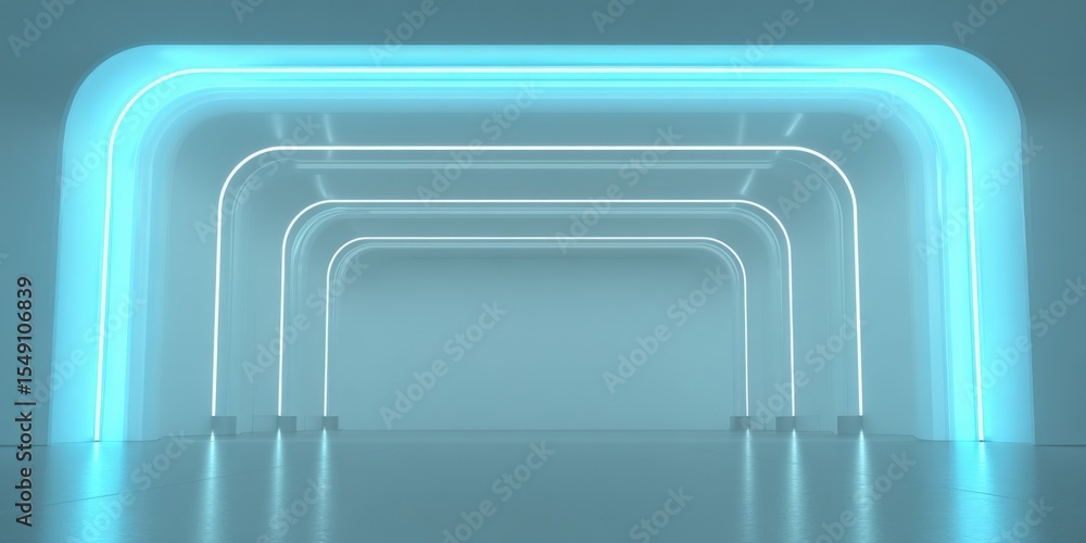 Poster Futuristic neon tunnel with glowing archways in a sleek minimalistic design background
