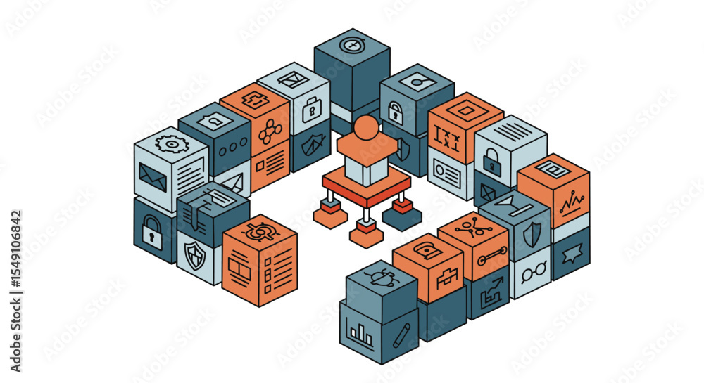 Aufkleber blockchain technology concept with security and data analysis icons in a modern vector illustration